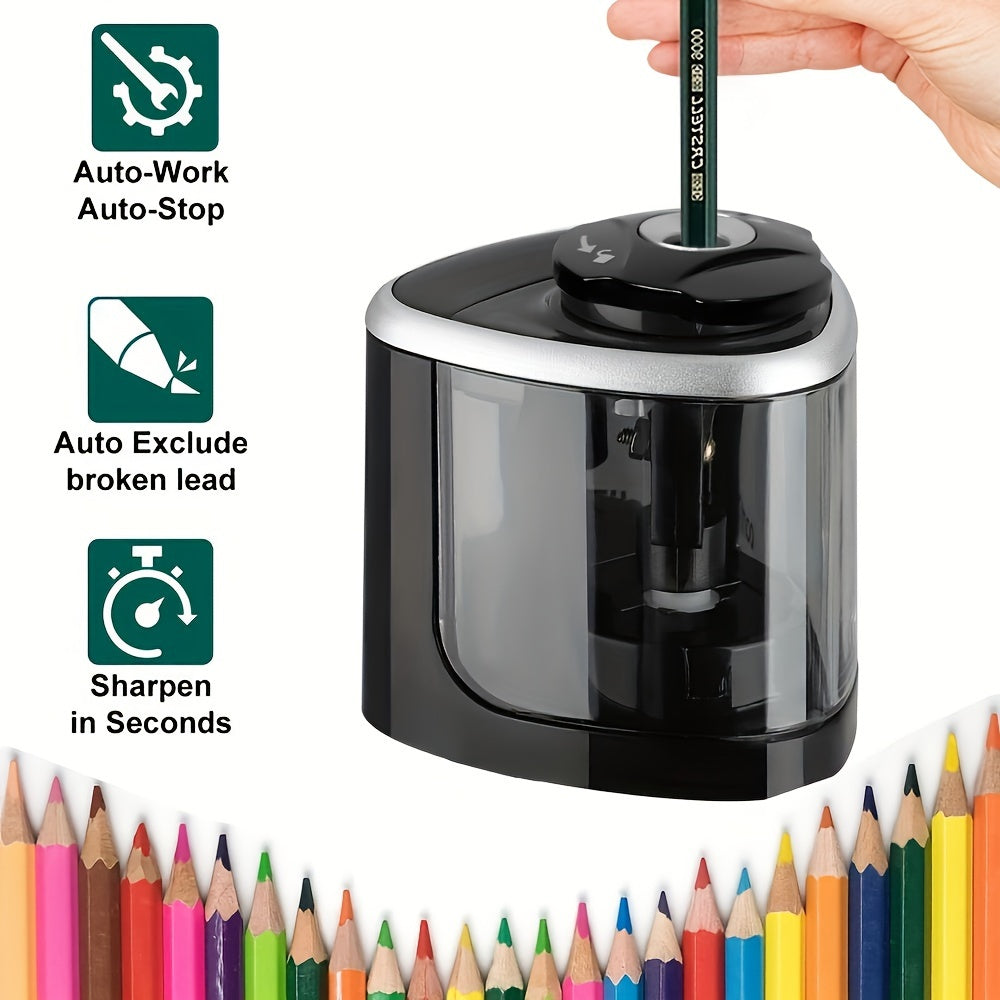 Black electric pencil sharpener with auto-stop feature, durable PP construction, fast and efficient for office use, great for winter and New Year.