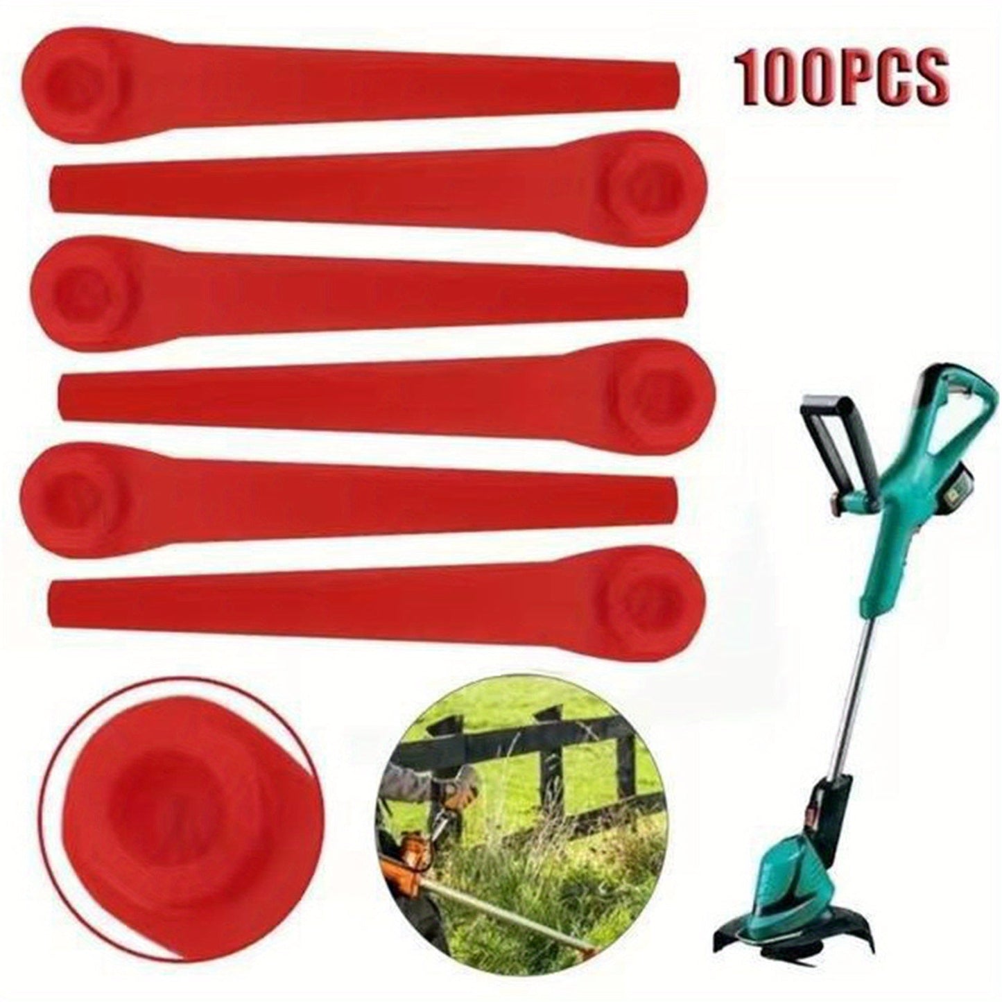 Lawn Trimmers - 100 Strong Red Plastic Blades for Precision Cutting, Reliable Gardening Tool with Measurement Markings, Grass Trimmer Accessories