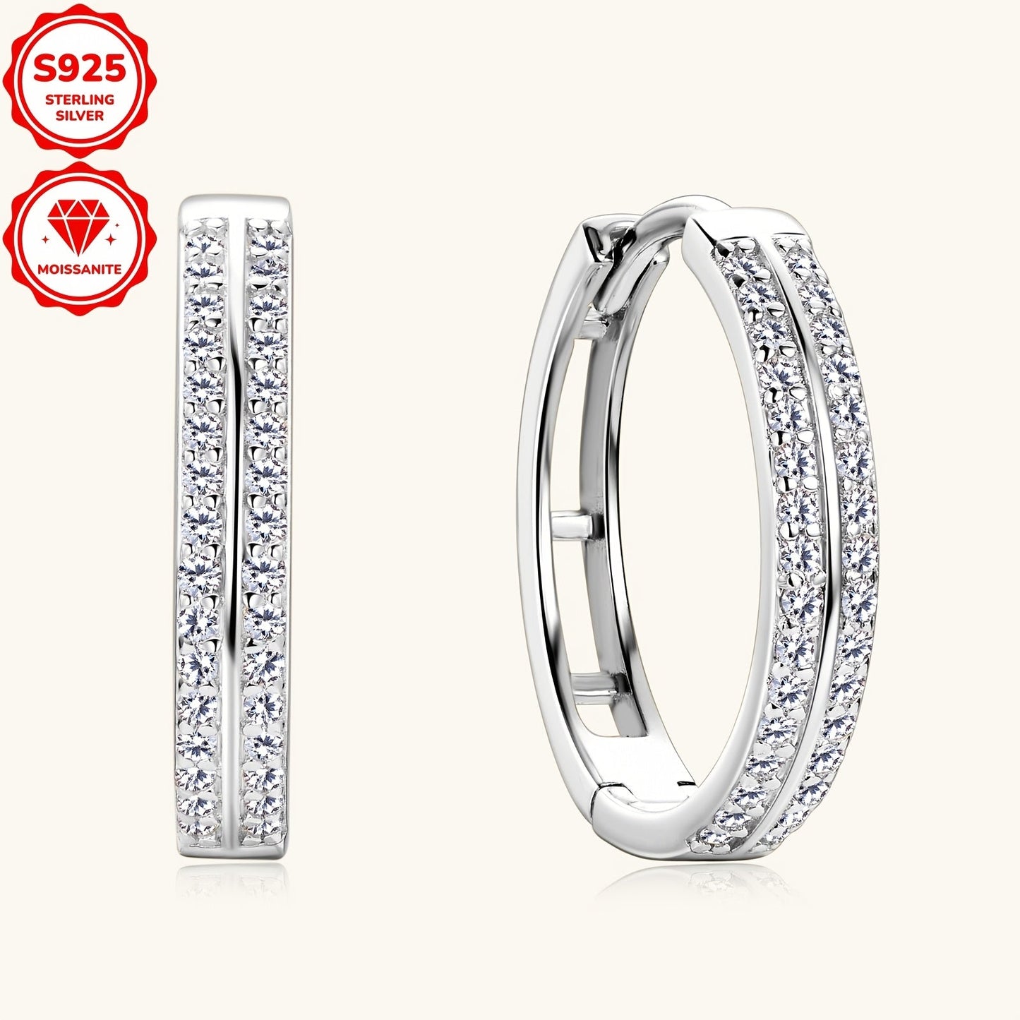 Pair of Moissanite Earrings crafted in 925 Sterling Silver with a silvery Gram Weight of 2.72g. Features 64pcs of Moissanite stones measuring 1mm each, totaling 0.16ct per earring. These Women's Fashion Hoop Earrings have an inner diameter of 15mm.