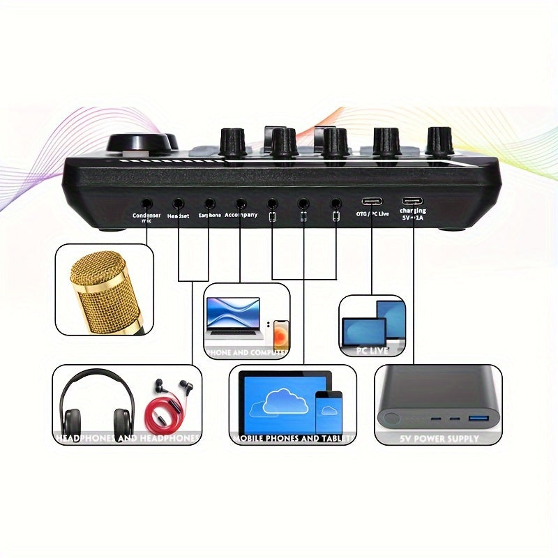 F998 Live Sound Card Audio Mixer with DJ Effects - USB Charging, Voice Changer & Sound FX for Karaoke, Streaming, Gaming in Black.