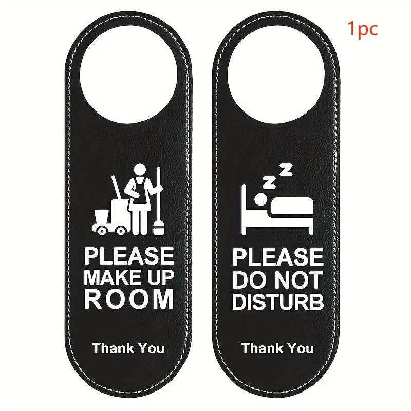 Classy leather door hangers for hotel guests: "Make Up Room" and "Do Not Disturb" signs.