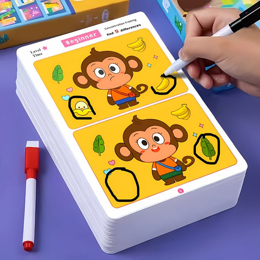 Fun and educational spot the difference game featuring 36 cards with monkey illustrations. Includes marker pen to improve focus and learning. Perfect gift for youngsters, colorful patterns