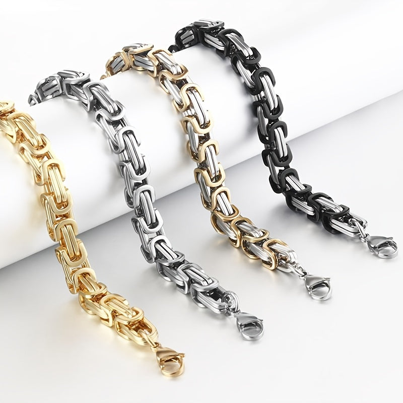 Stylish men's stainless steel chain bracelet in 8mm width, featuring a sturdy Byzantine box chain design. Available in black, golden, or silvery colors, this hip hop inspired bracelet is the perfect accessory for men looking to add some flair to their