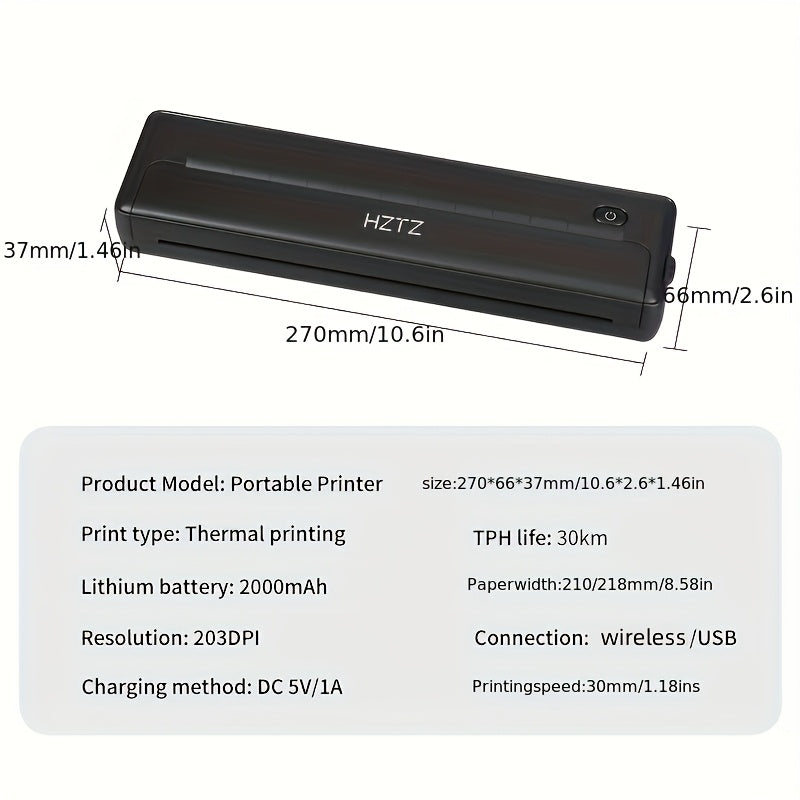 HZTZ A4 Portable Thermal Printer with wireless and USB connectivity, inkless monochrome output, supports various file types, high-definition printing, 2000mAh rechargeable battery