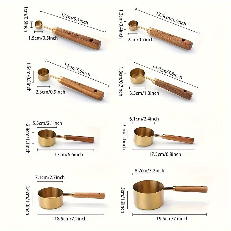 Set of 8 Stainless Steel Measuring Cups & Spoons with Acacia Wood Handles - Ideal for Baking, Cooking, and Coffee - High-Quality Kitchen Must-Haves