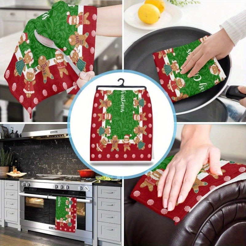 A set of 2 kitchen towels measuring 45.72 x 66.04 cm each, featuring a festive Christmas party decoration design. These towels are reusable and perfect for holiday gift-giving. The design includes Merry Christmas text, gingerbread men, and candy cane