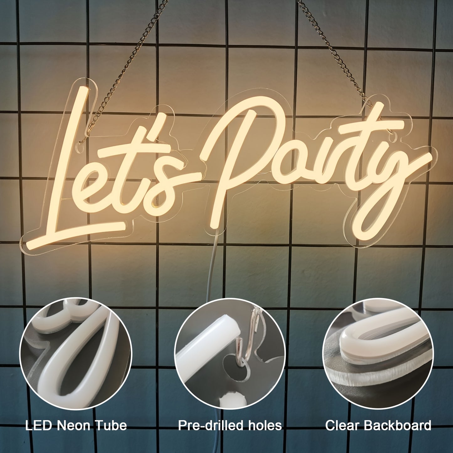 Neon 'Let's Party' sign ideal for festive wall decor in homes, offices, weddings, and holiday parties, powered by USB.