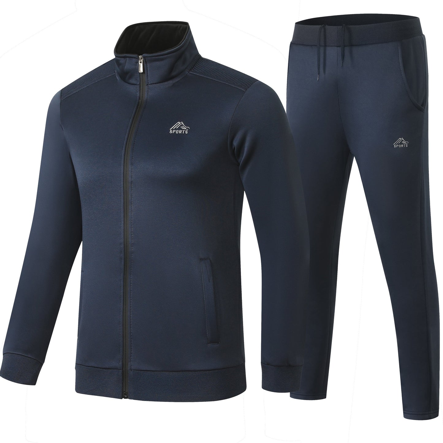 2-piece men's sports suit for outdoor activities, including a zip-up jacket and drawstring pants.