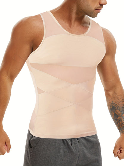 Junlan Men's High Compression Vest made of Nylon 88% and Spandex 12%, with a Skinny Fit, Crew Neck, Solid Color, Cross Strap Design, and All-Season Breathability.