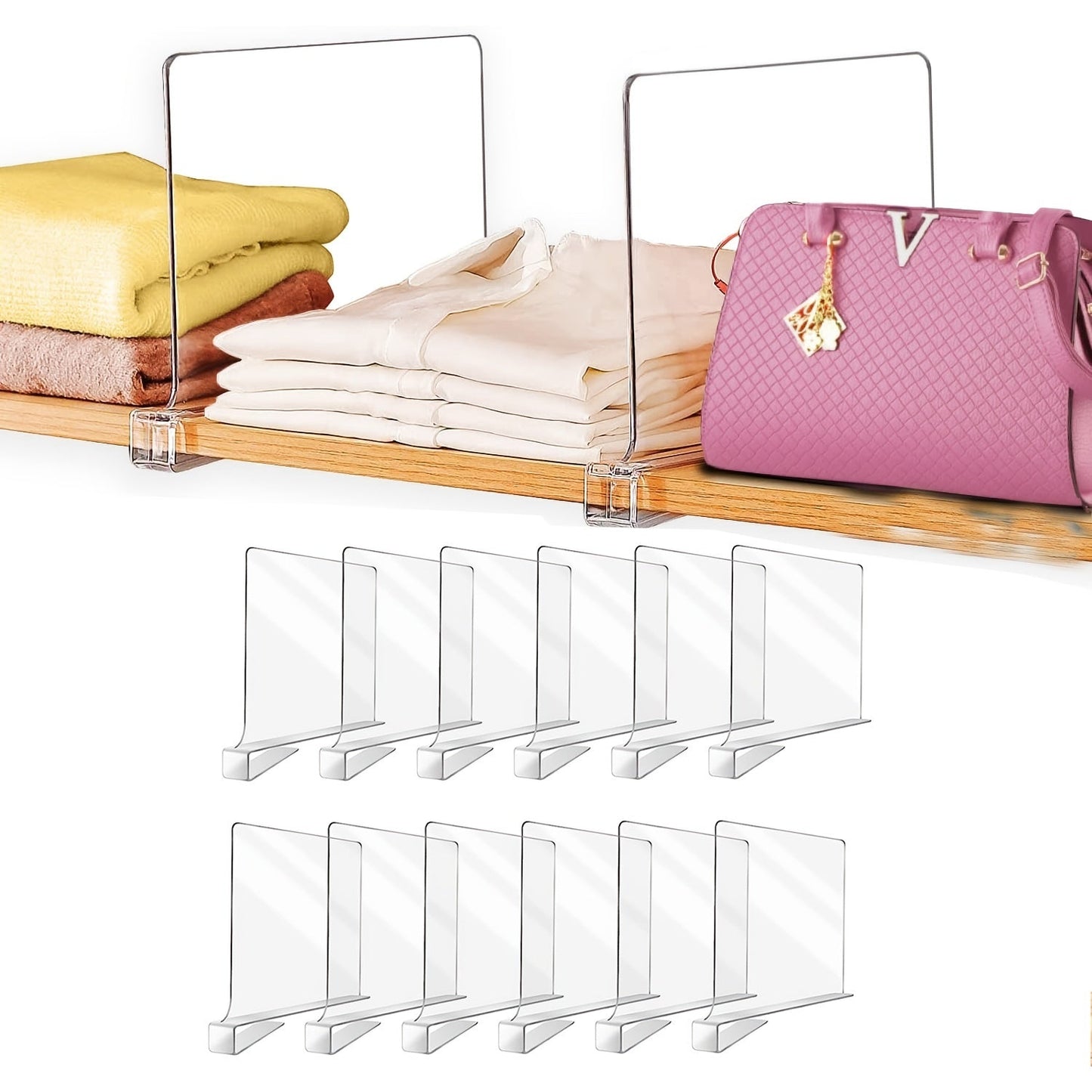 Clear Plastic Bag Storage Dividers in sets of 2, 4, 6, 8, and 12. These detachable cupboard shelves come with nonslip feet, perfect for organizing books and other items in your closet, bathroom, or office. Ideal for L-shaped storage shelves, this