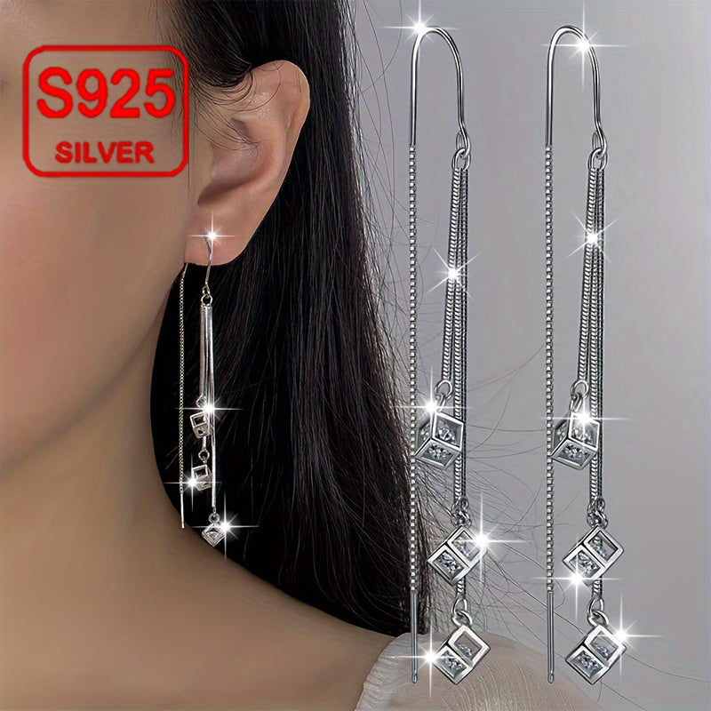 A pair of women's fashion draped earrings with long tassel and curved hook square ear line design, perfect for a summer seaside wedding. Made of hypoallergenic 925 silver, weighing 3.2g, these earrings are a great gift for daily wear, weddings, banquets