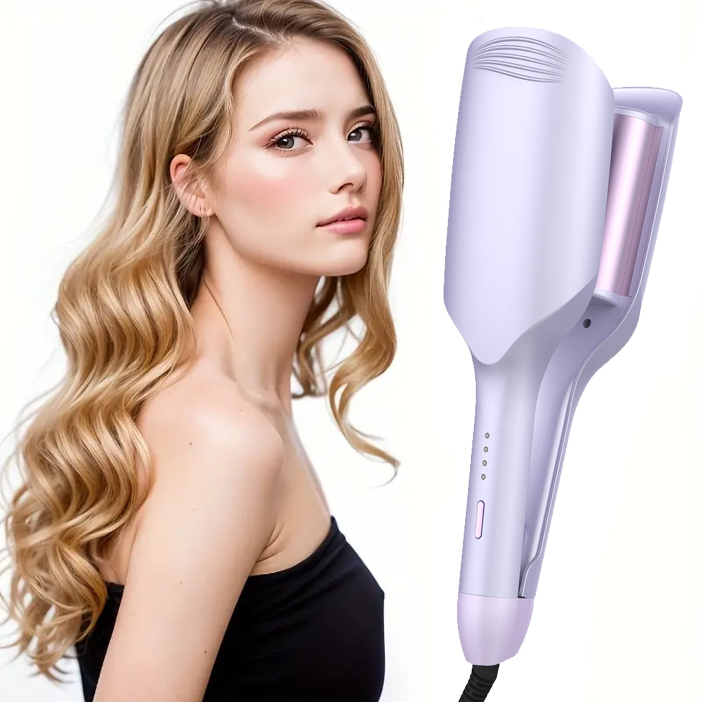 French M-Wave Curling Iron with 3 buckets for deep U-shaped egg rolls, wave hairstyle, soft styling, heat-resistant design.