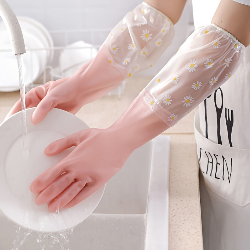 Two waterproof PVC cleaning gloves featuring a colorful daisy pattern, designed for a secure grip while washing dishes. Ideal for use in the kitchen, home, laundry, bathroom, toilet, living room, and bedroom. These gloves are non-toxic, multifunctional