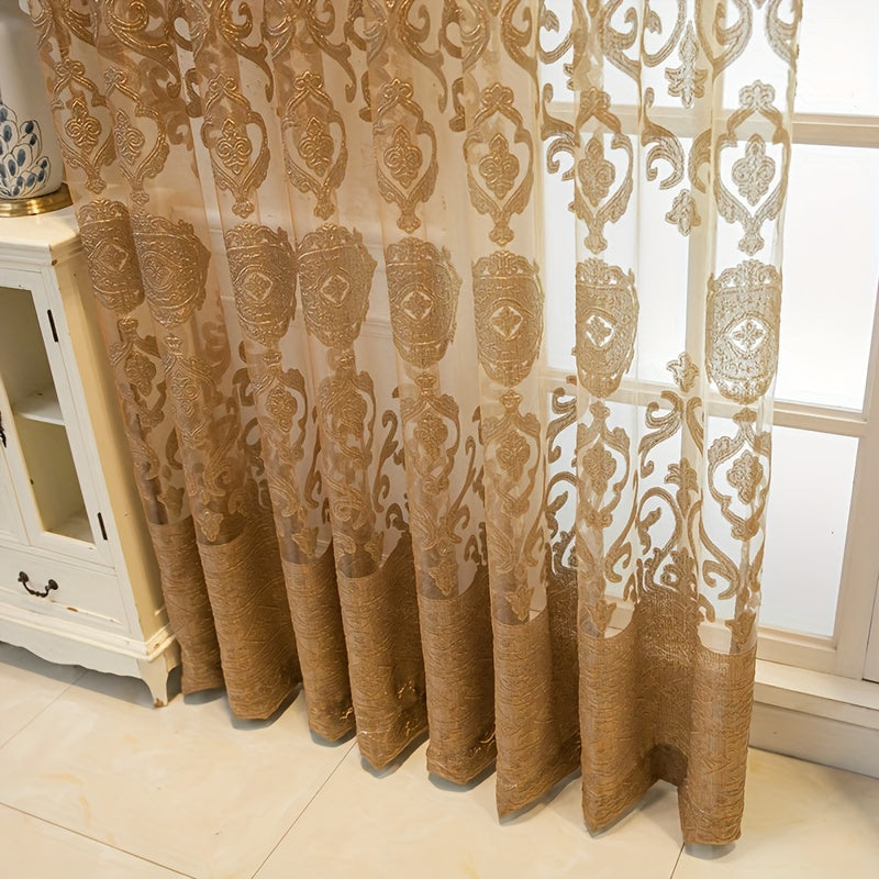 Set of 2 European-inspired Golden Jacquard Curtains with Grommet Top, perfect for adding a touch of elegance to your Living Room, Bedroom, Study, Dining Room, Balcony, Office, and other areas of your home.