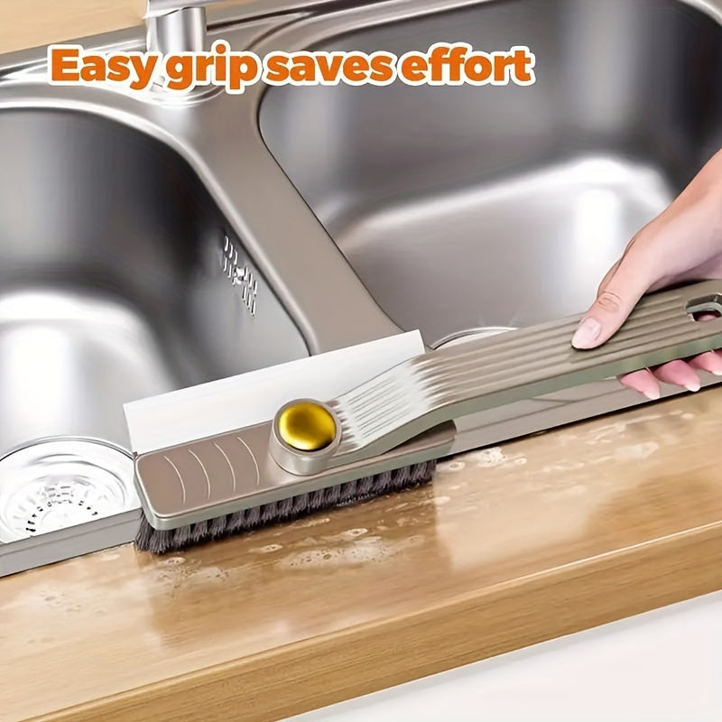 Multifunctional rotating gap brush suitable for 360° ceramic tile cleaning. This 4-in-1 bathroom floor scraper features a reusable plastic handle and is perfect for use in the living room, bedroom, bathroom, and kitchen. No power required for operation.