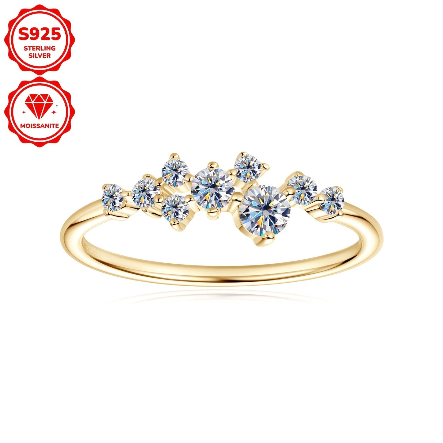 This delicate and stylish engagement ring for women is made of 925 silver and adorned with synthetic Moissanite stones. The ring features one 3mm stone, one 2.5mm stone, two 1.8mm stones, and five 1.6mm stones, totaling 0.3 carats. It is perfect for