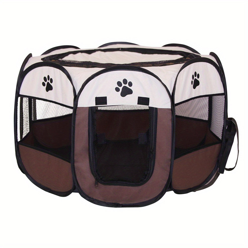 Foldable cat tent bed made of durable polyester with paw print design, zippered door for indoor/outdoor use.