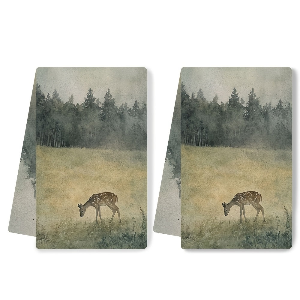 Get two ultra soft kitchen towels featuring a serene meadow and deer design. These highly absorbent polyester dish hand towels are machine washable and measure 40.64x60.96 cm. They are perfect for holiday decor.