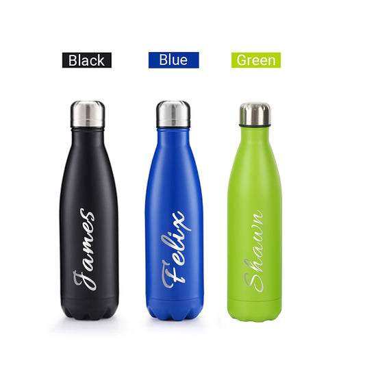 Customized stainless steel water bottle, 17oz, leak-proof, BPA-free, oval shape, insulated for gym, office, and outdoor use, hand wash recommended.