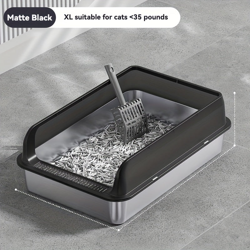 Large stainless steel litter box with splash guard cover for easy cleaning.