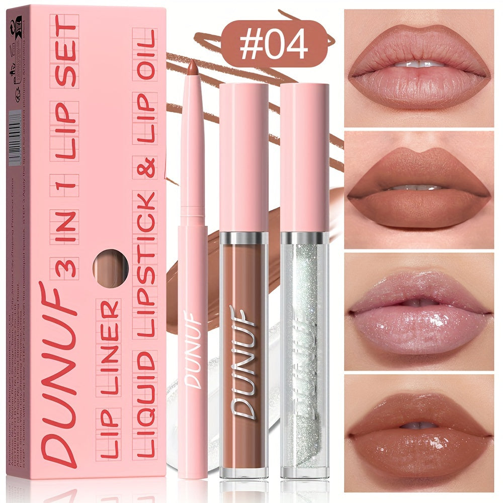 DUNUF 3-in-1 Lip Set includes velvet matte lip gloss, lip liner pencil, and lip oil, suitable for all skin types and waterproof.