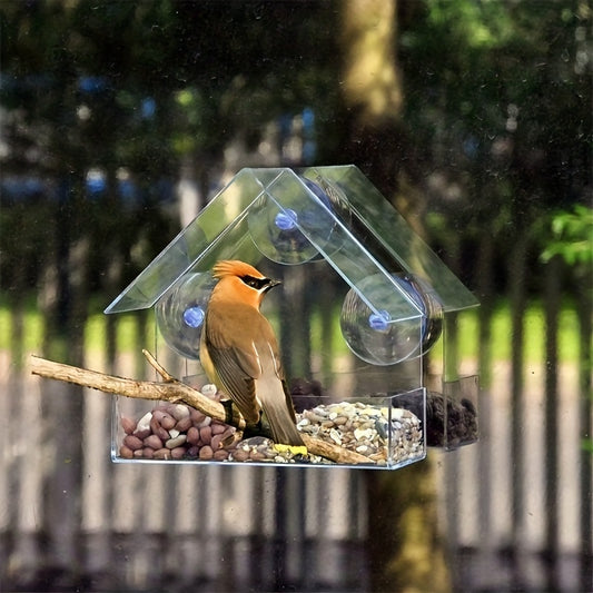 Durable clear acrylic bird feeder with suction cup for all bird species, easy to clean and perfect for window installation.