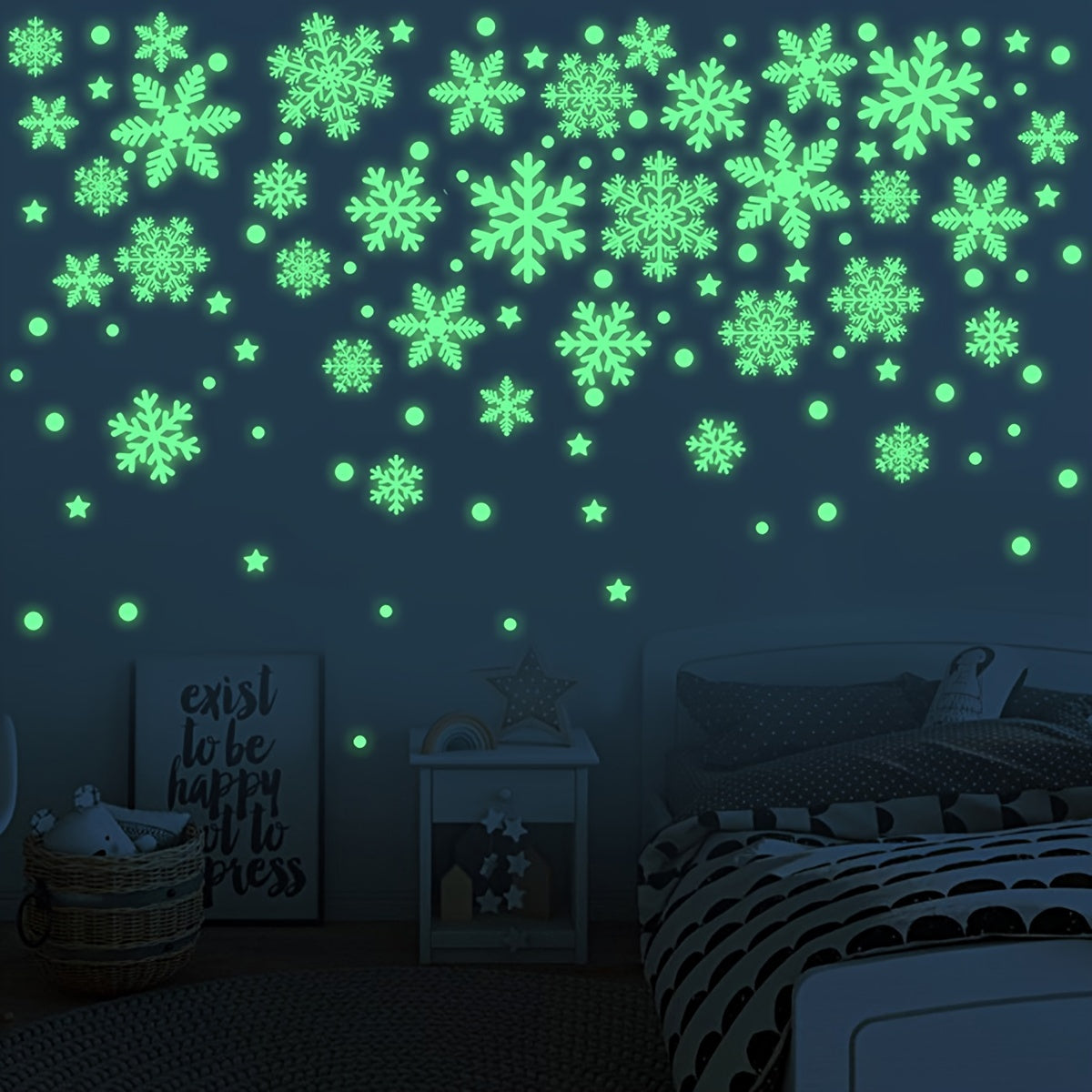 Classic Christmas Snowflake Wall Stickers with 3D glow in the dark effect, static cling plastic window decals in cartoon irregular shape. Single use holiday decor, each snowflake measures 3.0cm x 3.0cm. 50 pieces included.