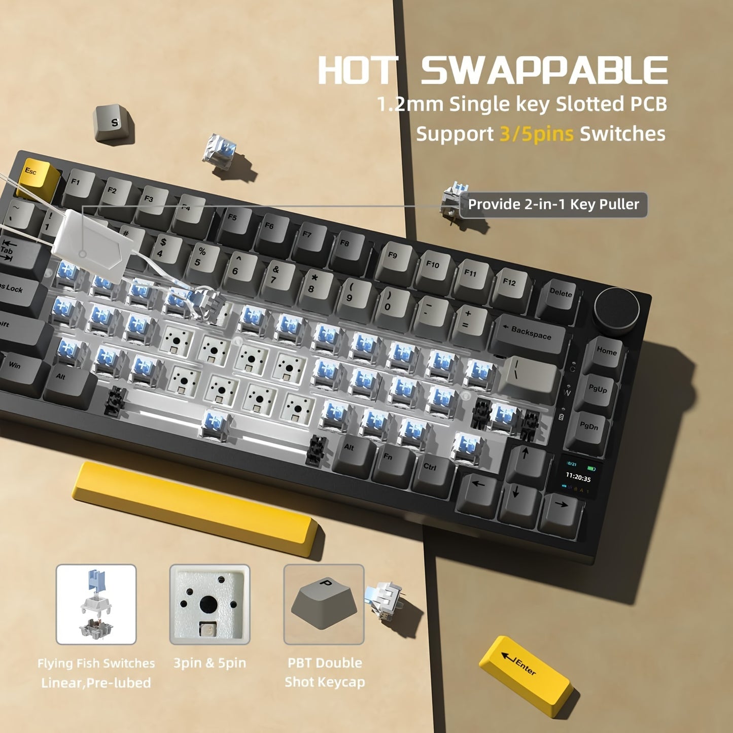 AJAZZ AK820PRO 75% Hot-Swappable Gasket Mechanical Keyboard with TFT Display, 4000Mah Battery, BT/2.4G/USB connectivity, RGB Lighting, and Gift Switch in Trendy Colors.