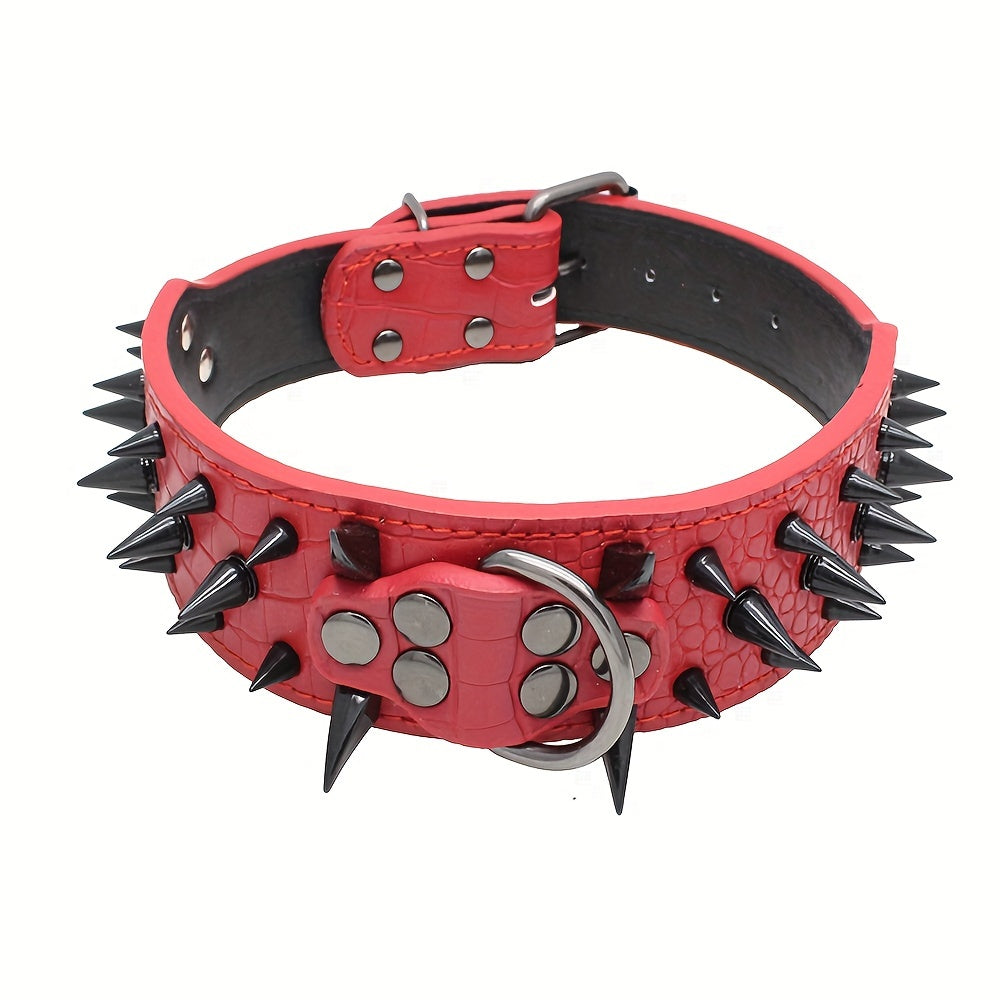 Medium to large dog collar with spiked studs, hand wash only, durable for heavy-duty use, non-breakable buckle, sturdy construction.