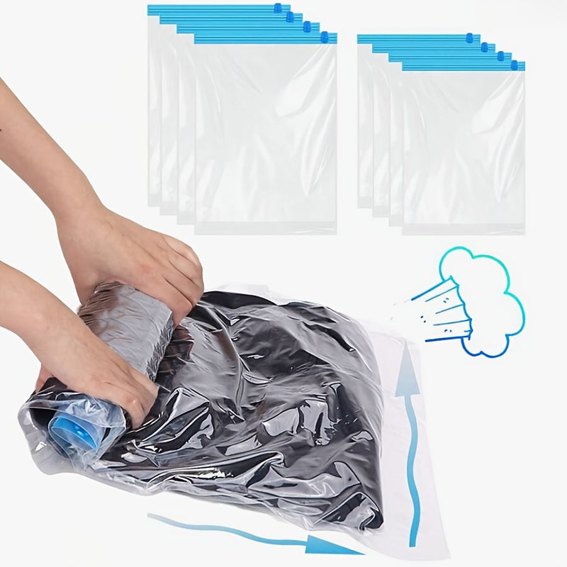 Space saving just got easier with our 4-Pack of Compression Storage Bags! These innovative bags do not require a pump, simply roll up to remove excess air and compress your clothes for maximum storage space. Perfect for organizing clothes, luggage, and