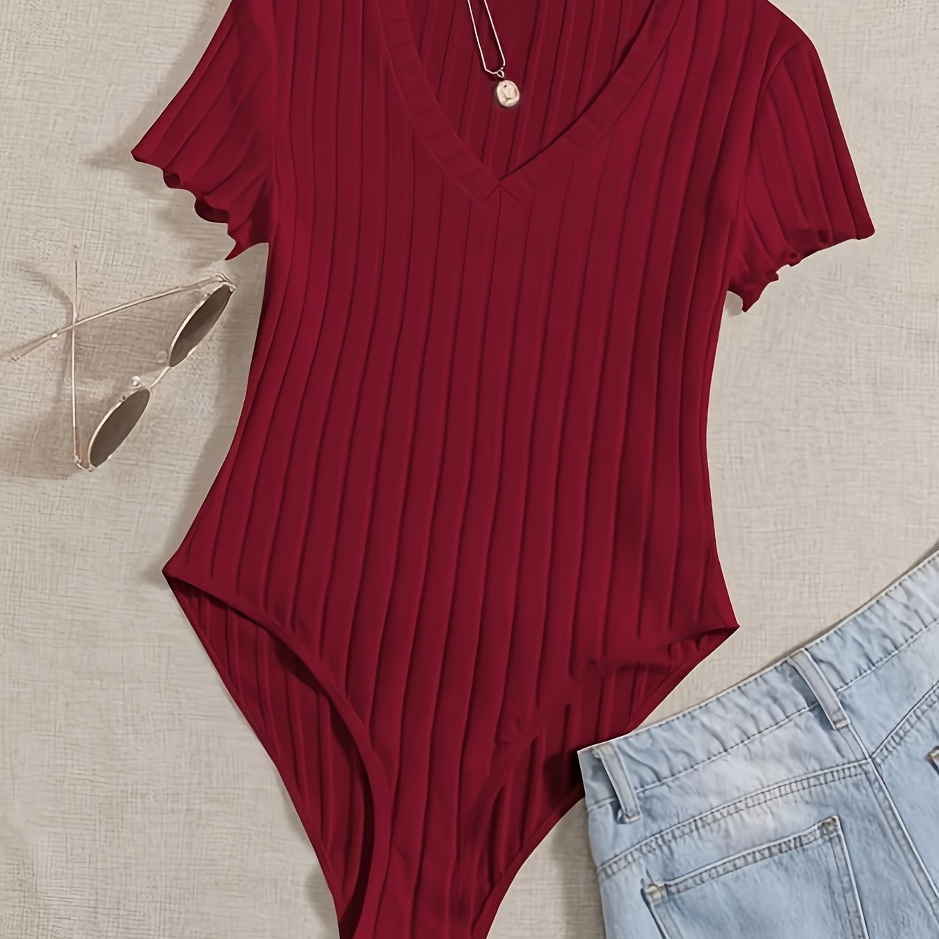 Solid V Neck Rib Knit Bodysuit for women