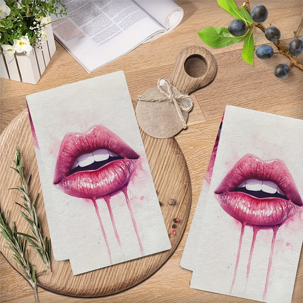 Get your hands on two incredibly soft kitchen towels featuring a Valentine's Day lips design. These towels are highly absorbent, machine washable, and measure 40.64x60.96 cm. Add a touch of contemporary style to your home and kitchen with these polyester