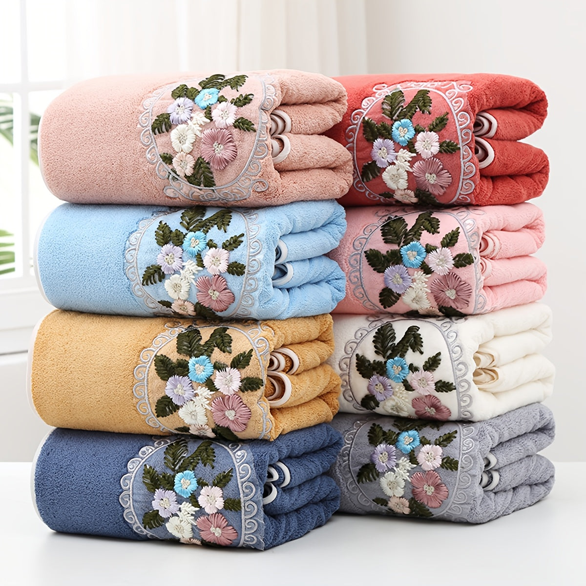 WF gauze flower 2 cents + 1 bath / 3pcs set Coral velvet embroidery towels (2 35*75cm, 1 70*140cm) soft, absorbent, quick-drying bathroom essentials for children and adults, skin-friendly