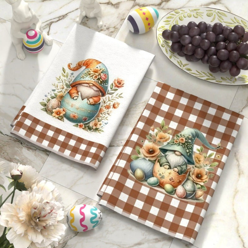 Set of 2 Adorable Easter Gnome and Floral Egg Kitchen Towels - 45.72x66.04cm - Made of Soft and Absorbent Polyester - Features Brown Checkered Borders - Perfect for Adding a Touch of Spring to Your Kitchen or Bathroom - Great for Use as Hand or Face