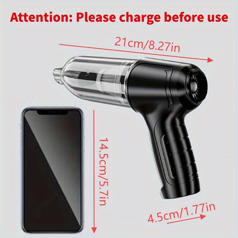 Multifunctional handheld vacuum cleaner can suck and blow dust, debris, pet hair, and is equipped with various accessories for different uses at home or in the car.