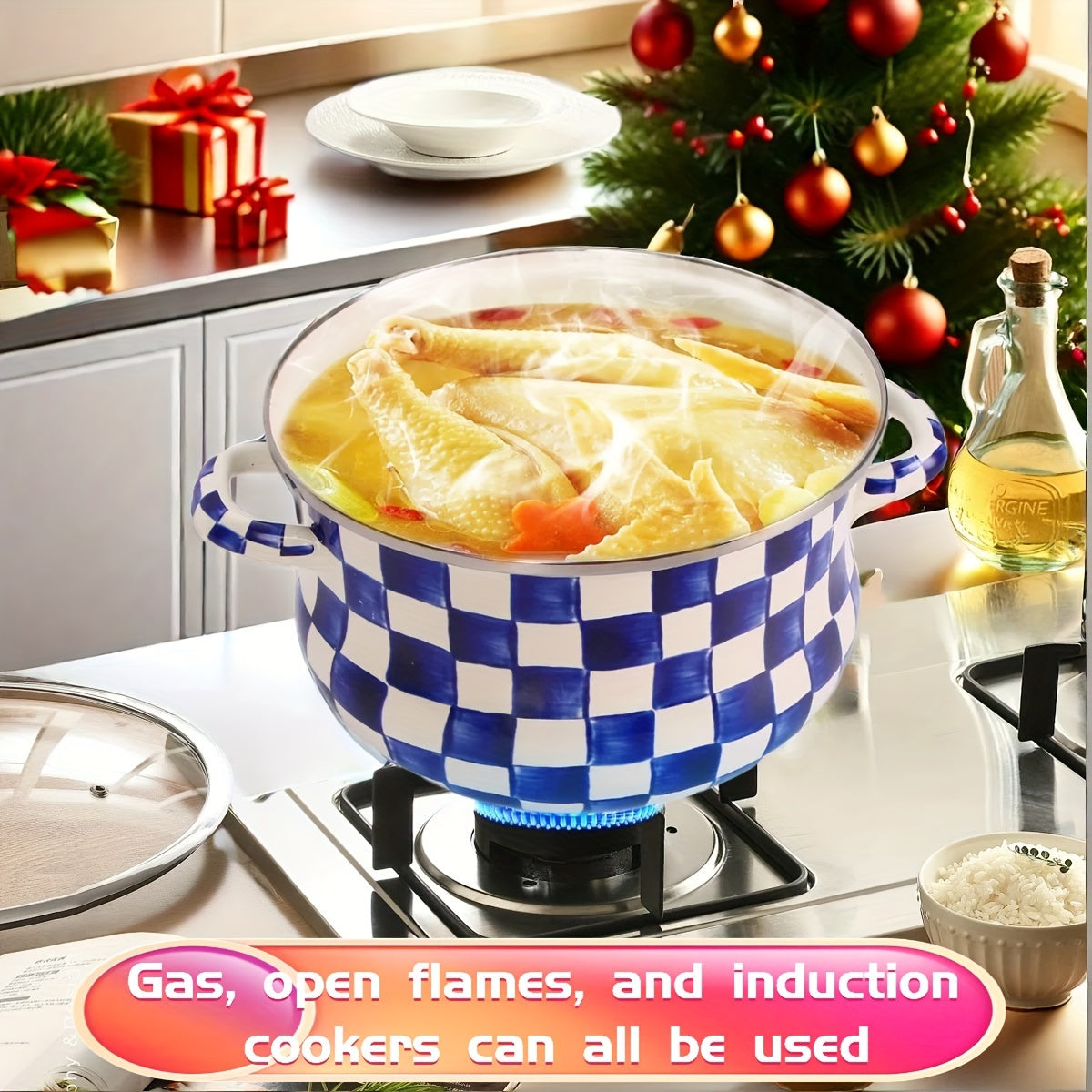 Enamel Saucepan with Lid - Blue and White Checker Pattern, 8.66-inch, Large Capacity Soup Pot and Casserole Dish, Serving Cookware for Table and Kitchen, Compatible with Gas and Electric Stovetops, Ideal Gift for Home and Restaurant