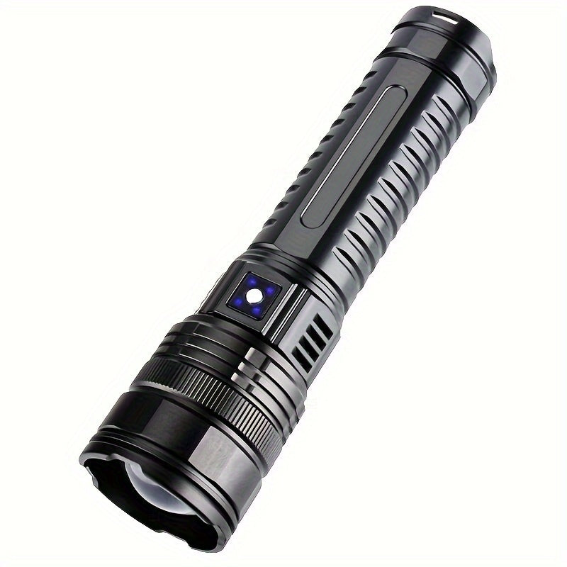 Rechargeable LED flashlight with built-in battery and COB tail light for indoor and outdoor use.