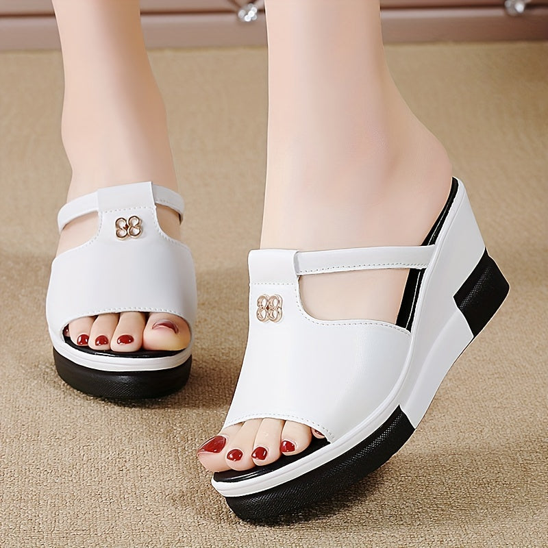 Stylish women's wedge sandals with open toe and faux leather cover, perfect for summer casual wear with a comfortable sole.