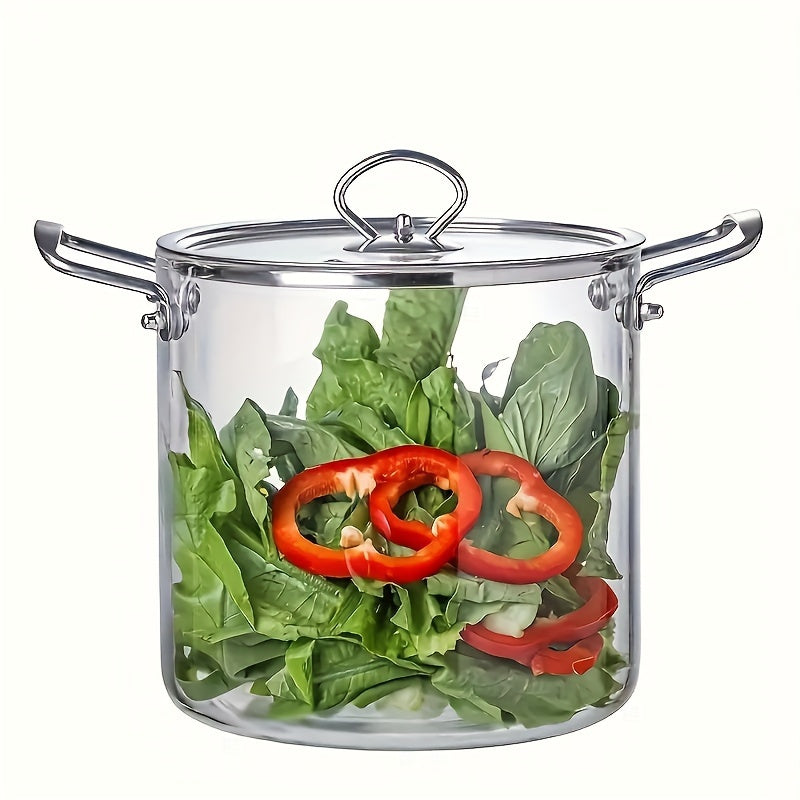 One piece of large-capacity high-boron-silicon glass soup pot with double ears and lid, featuring a stainless steel handle. Suitable for use on household electric ceramic stoves for heating and cooking various dishes such as noodles and stews.