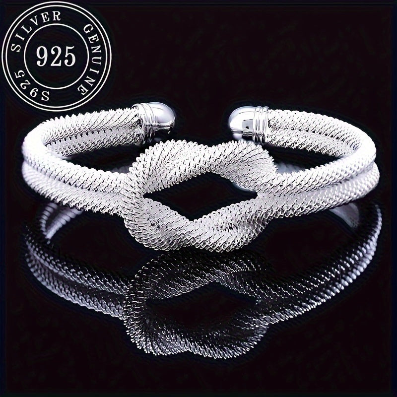 Braided Mesh Open Hand Ring Bracelet in Silvery S925, Unisex Design for Men and Women with Matching Models