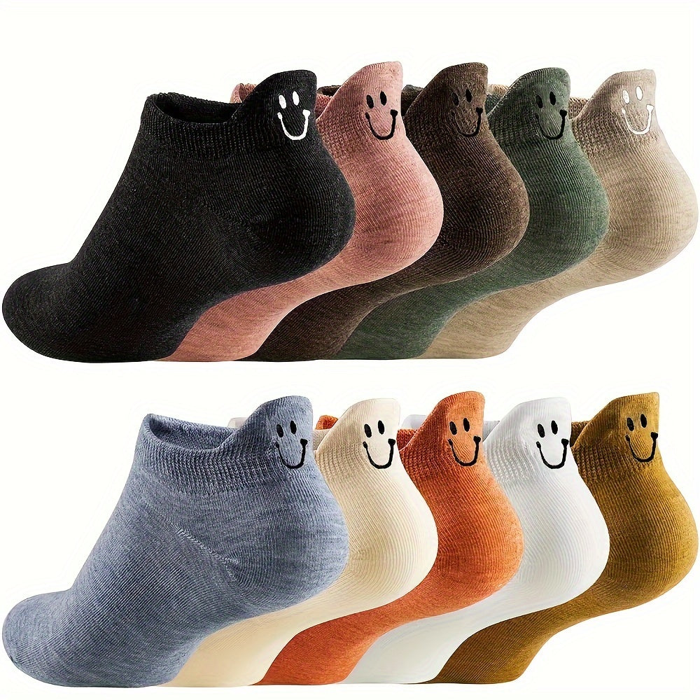 10 pairs of cute face embroidered low cut ankle socks for women, casual and breathable.