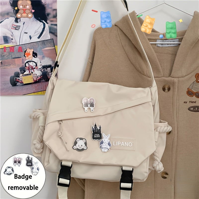 1 Harajuku Style Large Capacity Shoulder Bag with Retro Workwear design, includes 4 badges. Suitable for men and women, perfect for back-to-school season.