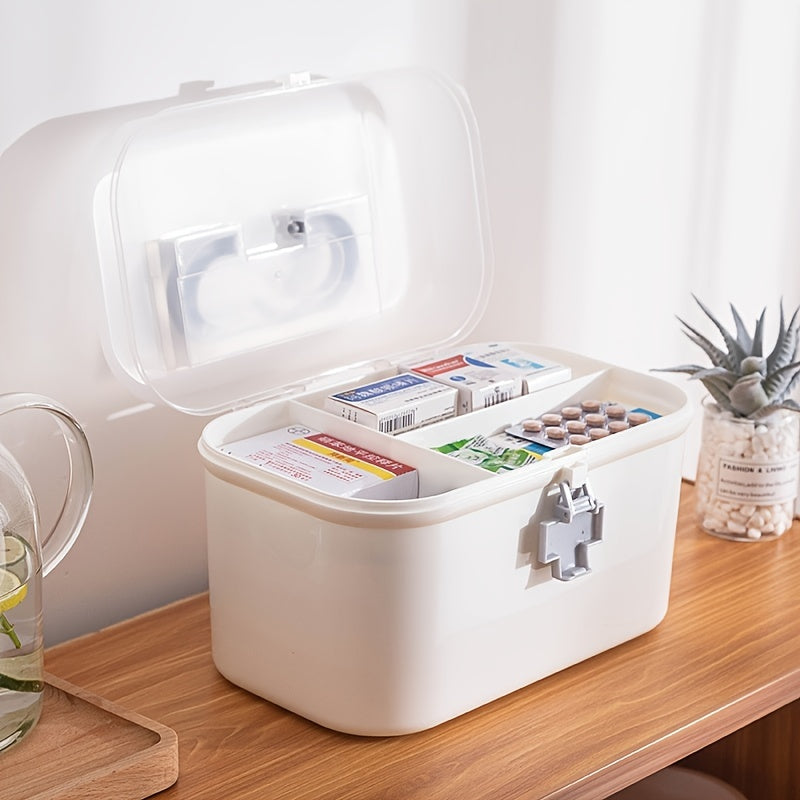 Household dustproof medicine box with large capacity for emergency care. This portable multi-layer plastic box provides storage bins for home organization.