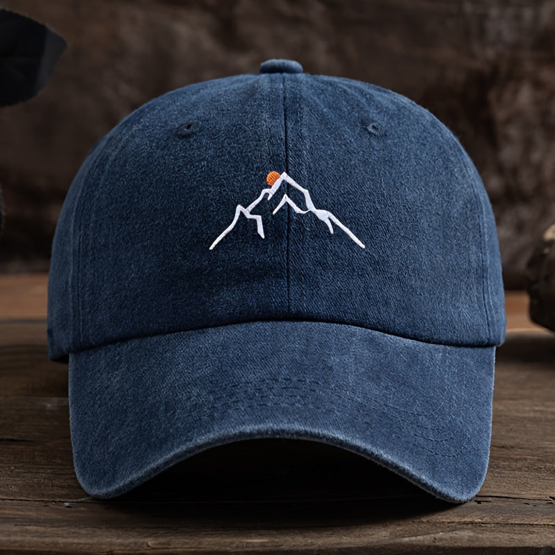 Embroidered Mountain Peak Baseball Cap - Adjustable, Curved Brim Ideal for Hiking & Fishing, Machine Washable