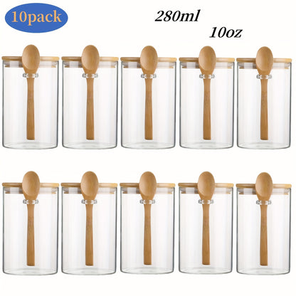 10pcs 280ml/10oz Glass Spice Jars with Bamboo Lids and Spoons - Airtight Containers for Outdoor Storage, Camping, Picnics, Restaurant BBQ - Perfect for Spices, Salt, Pepper, Oats, Sugar.