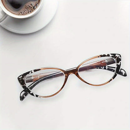 Women's blue light blocking reading glasses with cat eye design, spring hinges, anti-glare, and UV protection.