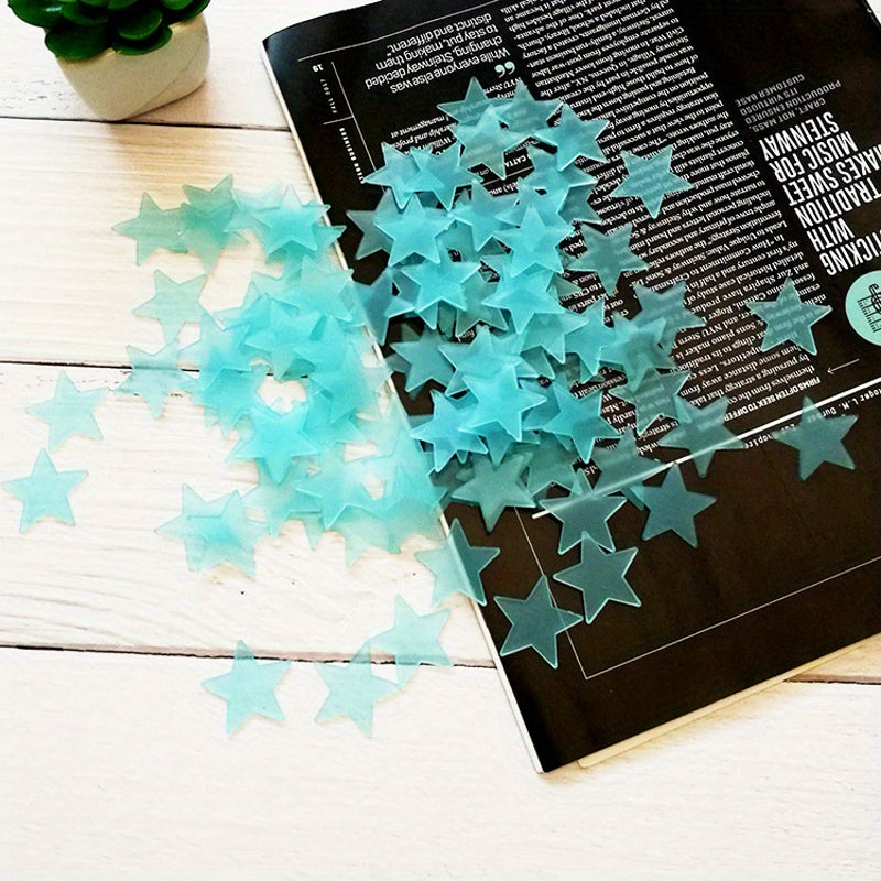 100 glow-in-the-dark star wall stickers with matte finish. Reusable and self-adhesive for fantasy themed rooms. Can be used on multiple surfaces.