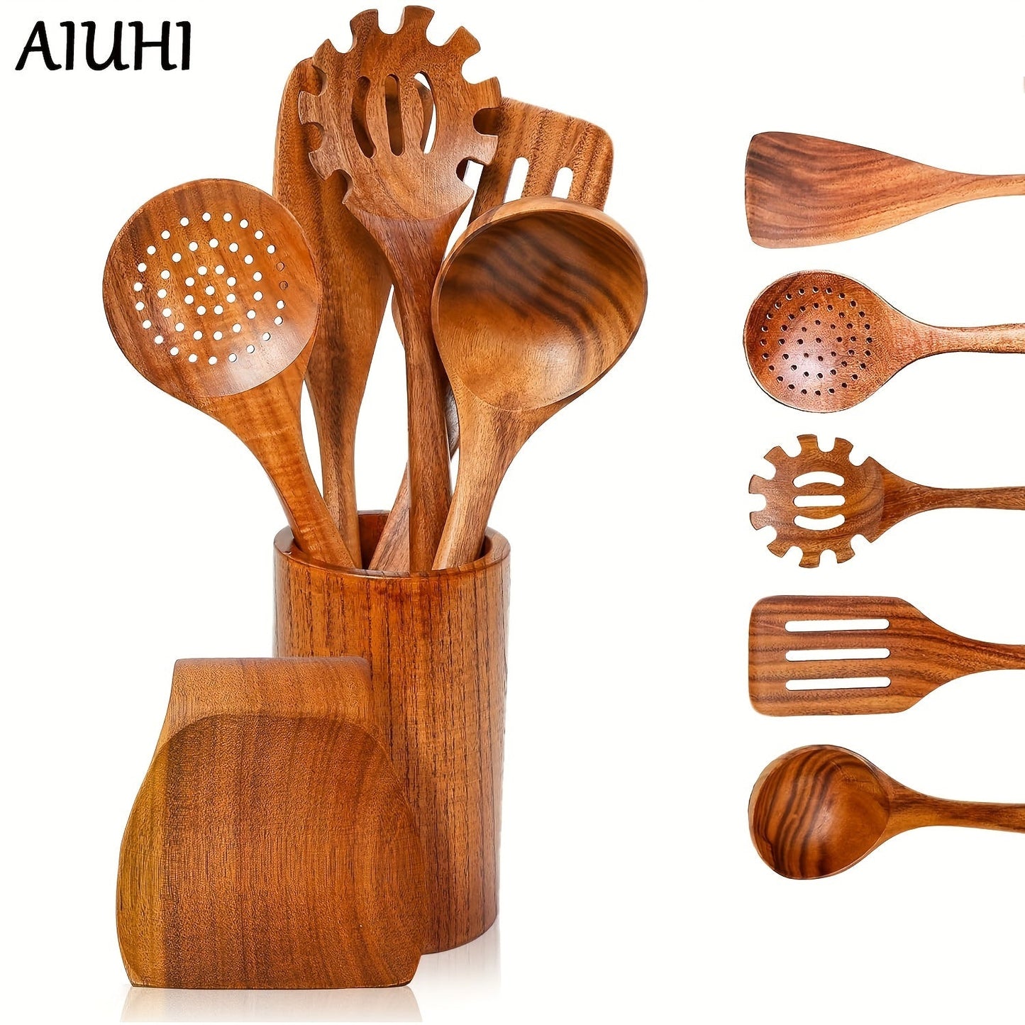 Set of 7 Wooden Kitchen Utensils with Holder - Sturdy, Heat-Resistant Cooking Tools such as Spoons, Spatula & More