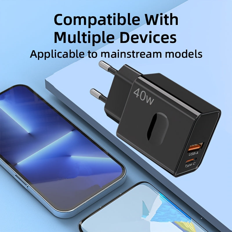 Dual port 40W fast charger with 1pc 100.58cm 25W type C cable, compatible with iPhones, iPads, Samsung, Android smartphones, tablets, and more. (Black)