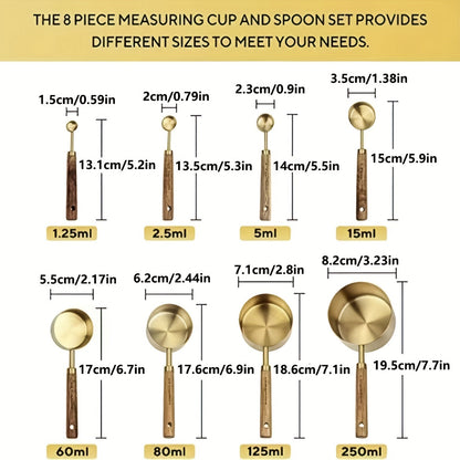 Set of 4 stainless steel measuring cups and 4 stainless steel measuring spoons with acacia wooden handles. Ideal for measuring dry and liquid ingredients when baking or cooking. Includes seasoning and powder spoons for added convenience in the kitchen.